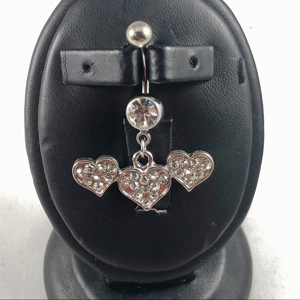 Rhinestone Triple Heart Dangling Bellybutton Ring